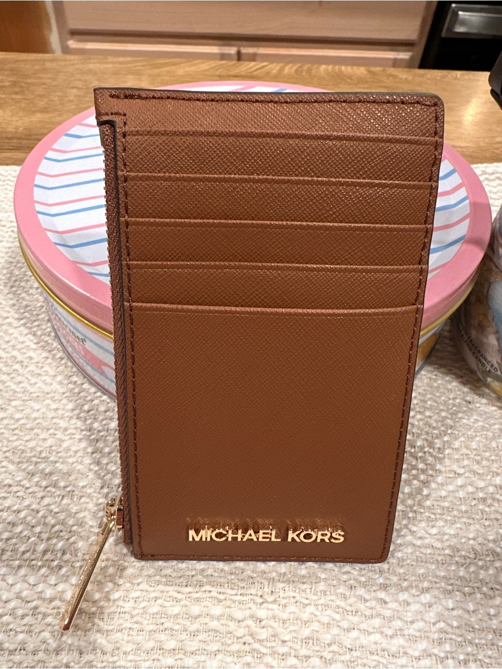 Michael Kors Brown Saffiano Leather Card & Key Zip Holder